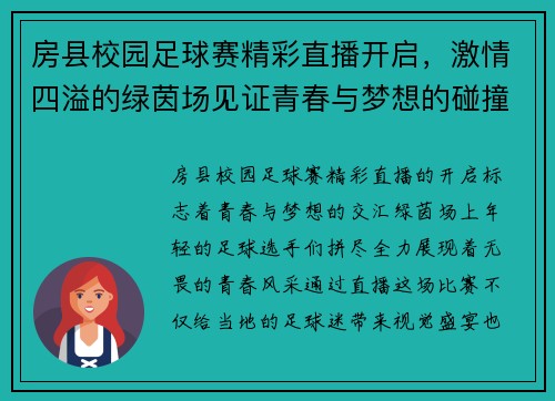 房县校园足球赛精彩直播开启，激情四溢的绿茵场见证青春与梦想的碰撞